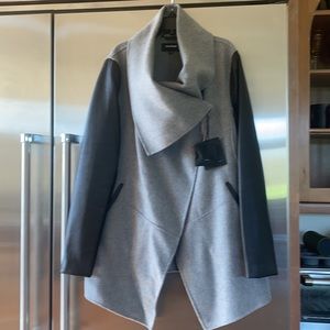 Mackage Grey Wool / Cashmere Button Wrap Coat with Lamb Leather Sleeves W Sz L